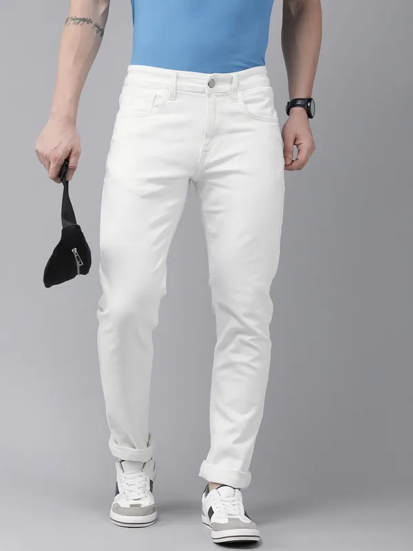 White_Mid_Rise_Cotton_Blend_Slim_Jeans_For_Men