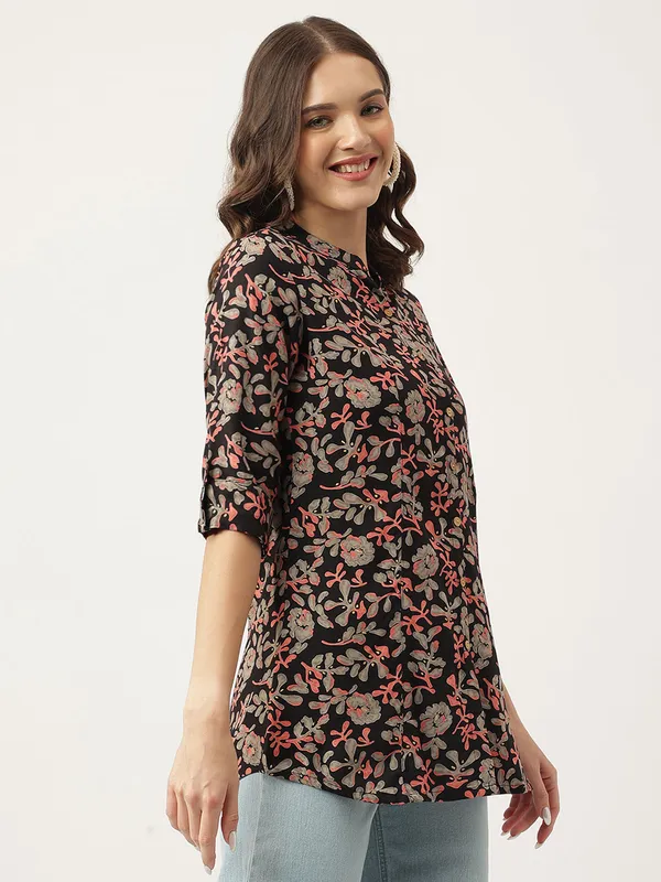 Black_Floral_Printed_Rayon_Shirt_Style_Top_For_Women