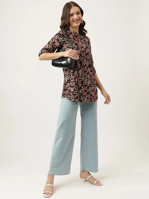 Black_Floral_Printed_Rayon_Shirt_Style_Top_For_Women