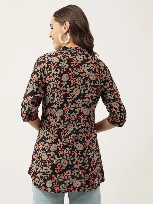 Black_Floral_Printed_Rayon_Shirt_Style_Top_For_Women