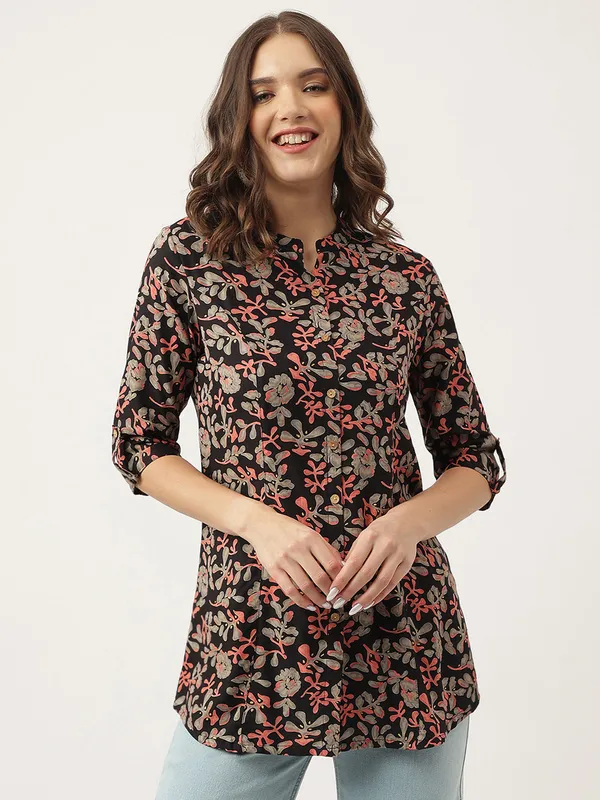 Black_Floral_Printed_Rayon_Shirt_Style_Top_For_Women