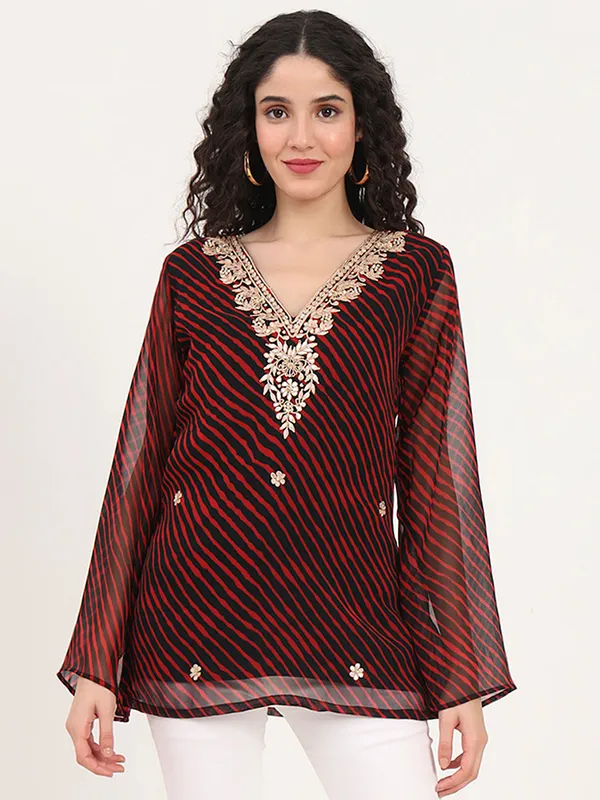Black_Leheriya_Gota_Patti_Work_Georgette_V_Neck_Top_For_Women