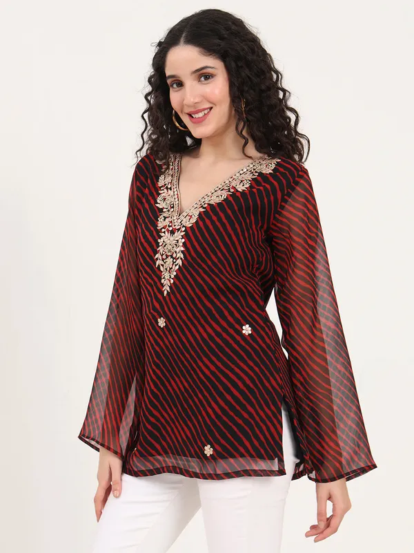 Black_Leheriya_Gota_Patti_Work_Georgette_V_Neck_Top_For_Women