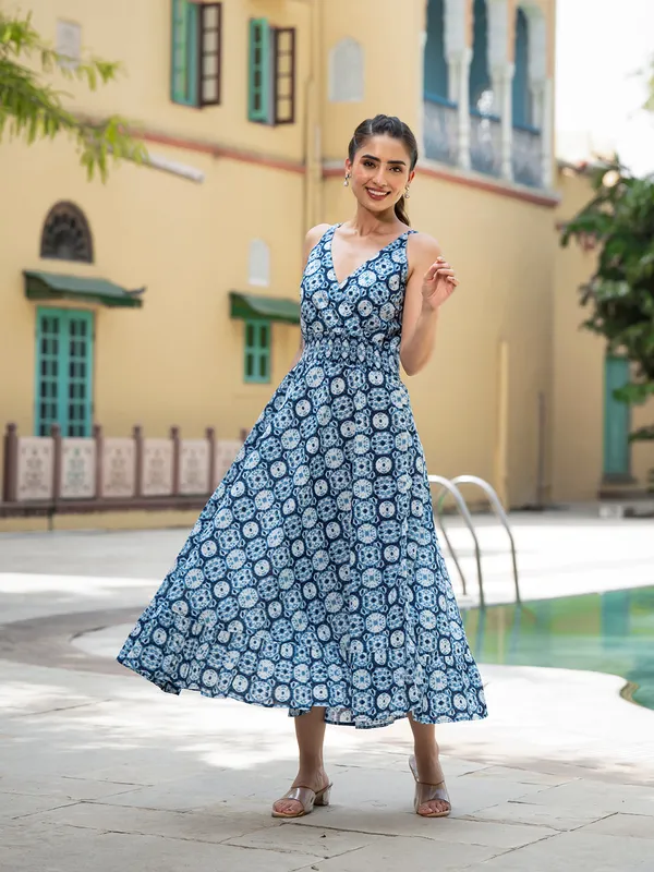 Blue_Floral_Print_Pure_Cotton_Fit_&_Flare_Dress_For_Women