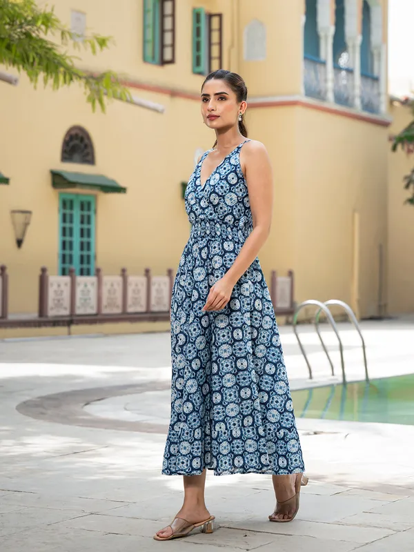 Blue_Floral_Print_Pure_Cotton_Fit_&_Flare_Dress_For_Women