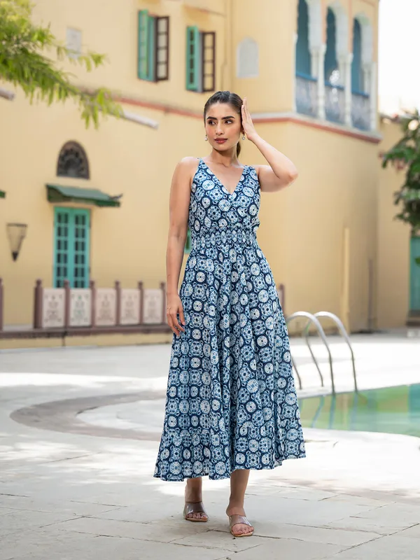 Blue_Floral_Print_Pure_Cotton_Fit_&_Flare_Dress_For_Women