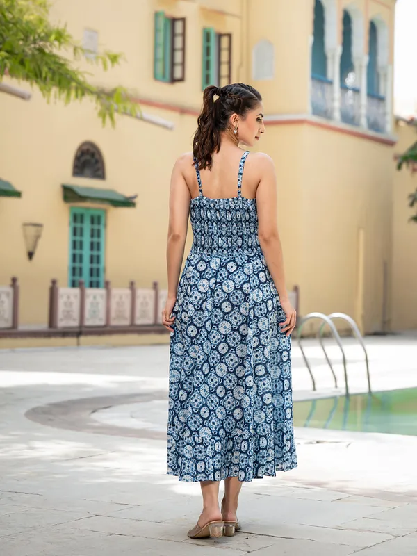 Blue_Floral_Print_Pure_Cotton_Fit_&_Flare_Dress_For_Women