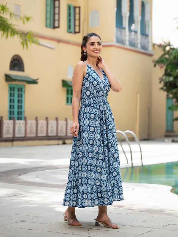Blue_Floral_Print_Pure_Cotton_Fit_&_Flare_Dress_For_Women