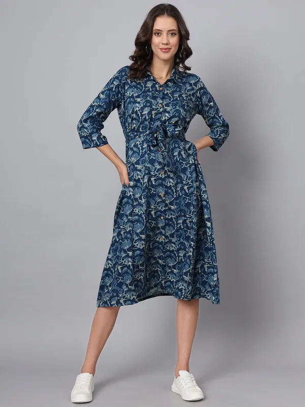 Blue_Floral_Print_Rayon_Midi_Dress_For_Women