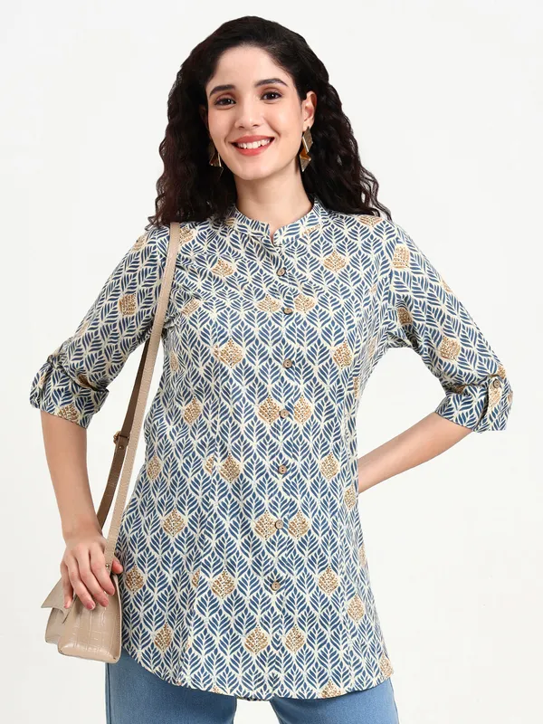 Blue_Geometric_Printed_Cotton_Top_For_Women
