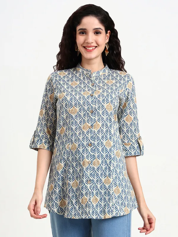 Blue_Geometric_Printed_Cotton_Top_For_Women