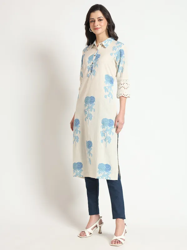 Cream_Blue_Floral_Print_Cotton_Fabric_A-Line_Kurta_For_Women