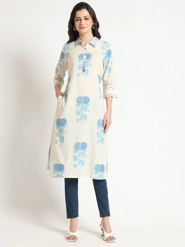Cream_Blue_Floral_Print_Cotton_Fabric_A-Line_Kurta_For_Women