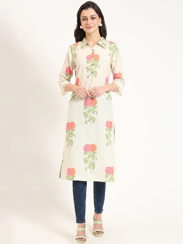 Cream_Pink_Floral_Print_Cotton_Fabric_Kurta_For_Women