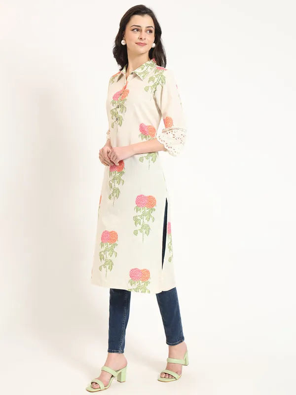 Cream_Pink_Floral_Print_Cotton_Fabric_Kurta_For_Women