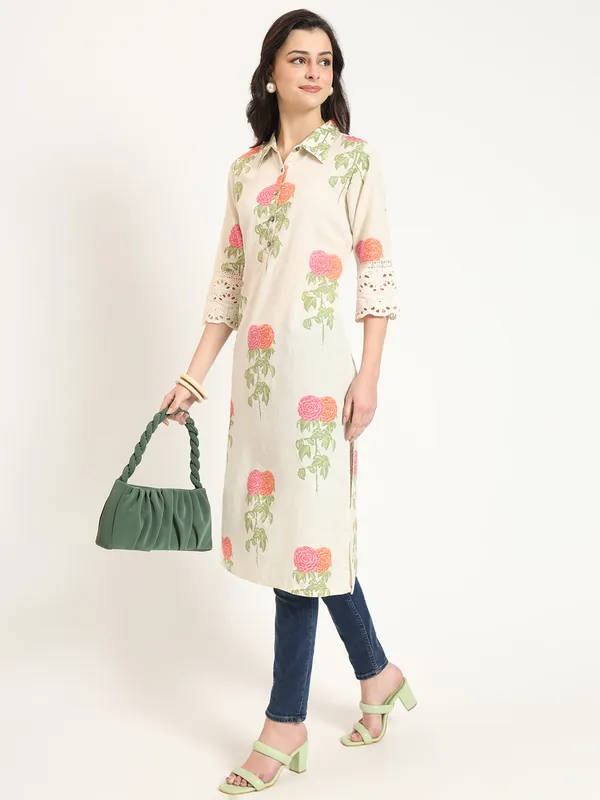 Cream_Pink_Floral_Print_Cotton_Fabric_Kurta_For_Women