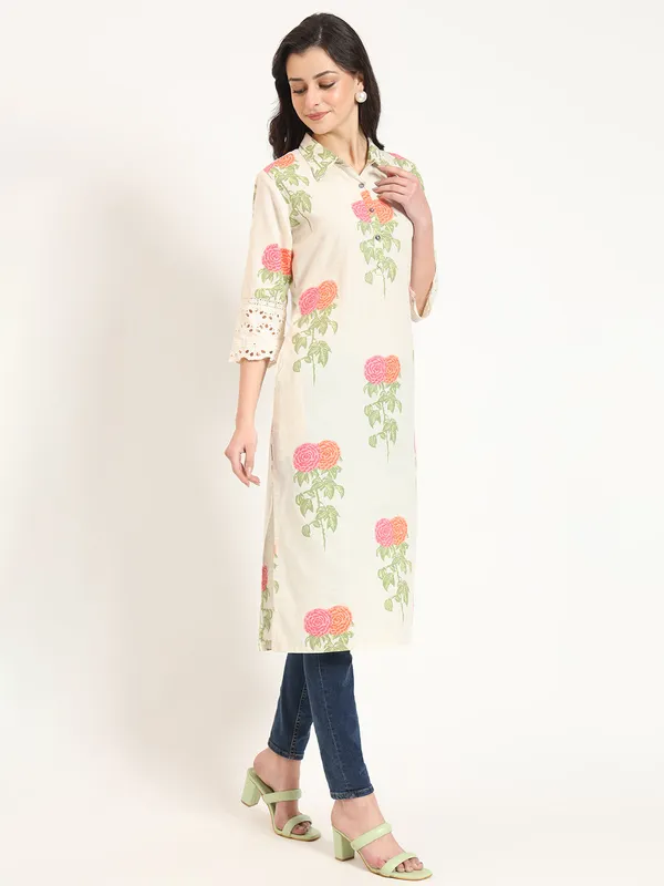 Cream_Pink_Floral_Print_Cotton_Fabric_Kurta_For_Women