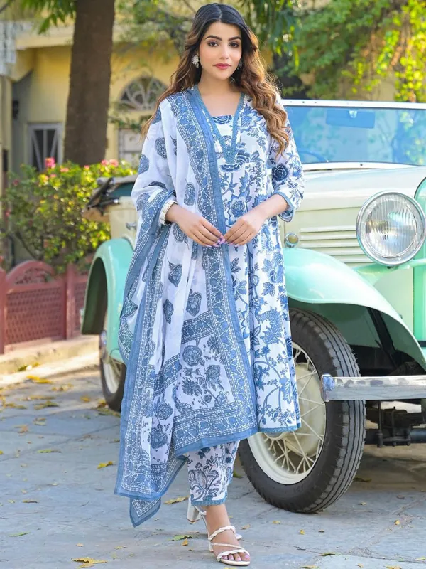 Floral_Printed_Anarkali_Pure_Cotton_Kurta_With_Trousers_&_Dupatta_For_Women