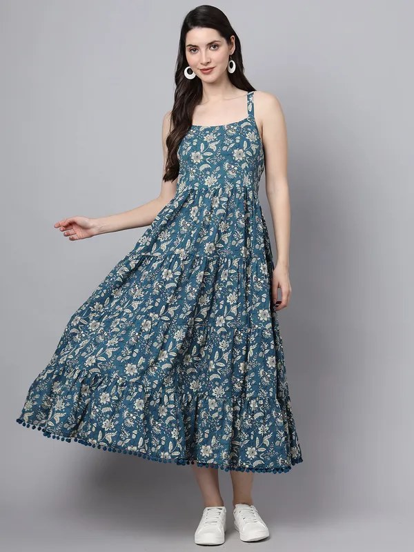 Floral_Printed_Shoulder_Straps_Cotton_Flared_Dress_For_Women