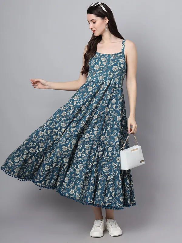 Floral_Printed_Shoulder_Straps_Cotton_Flared_Dress_For_Women