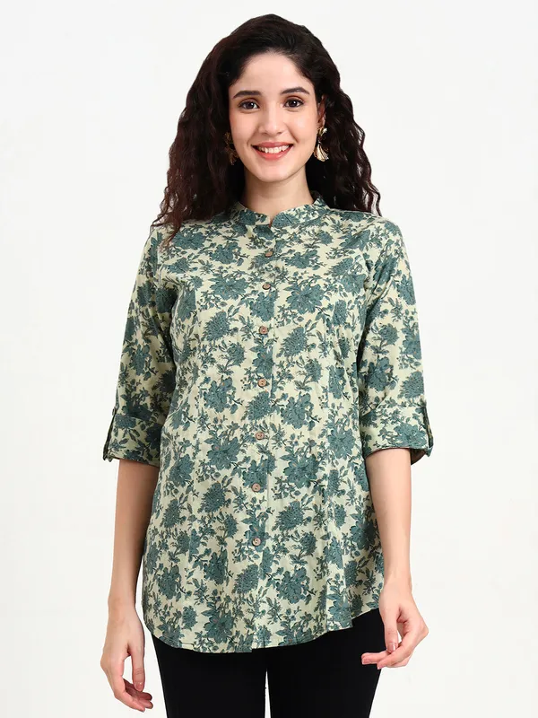 Green_Floral_Print_Cotton_Top_For_Women