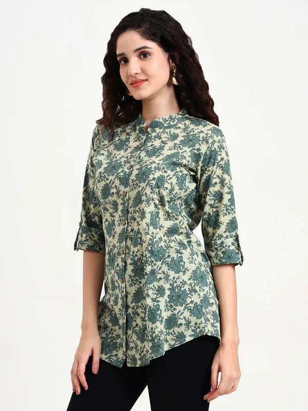 Green_Floral_Print_Cotton_Top_For_Women