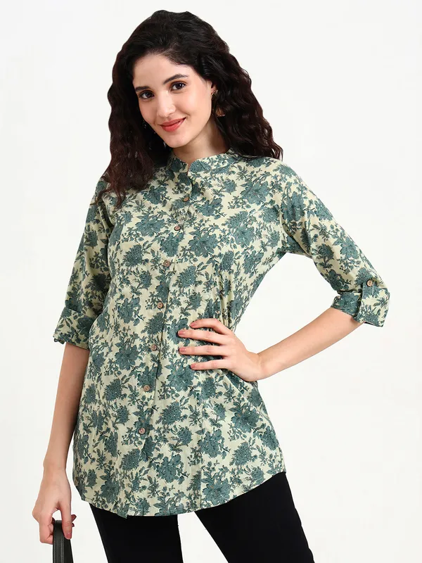 Green_Floral_Print_Cotton_Top_For_Women
