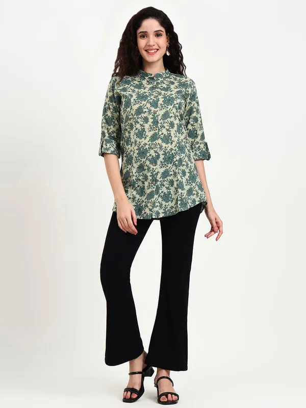 Green_Floral_Print_Cotton_Top_For_Women
