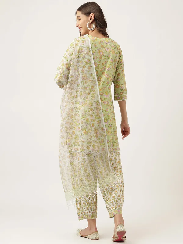 Green_Floral_Printed_Cotton_Straight_Short_Kurta,_Trousers_With_Dupatta_Set_For_Women