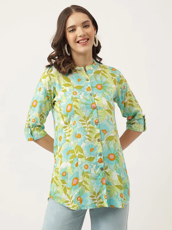 Green_Floral_Printed_Rayon_Shirt_Style_Top_For_Women