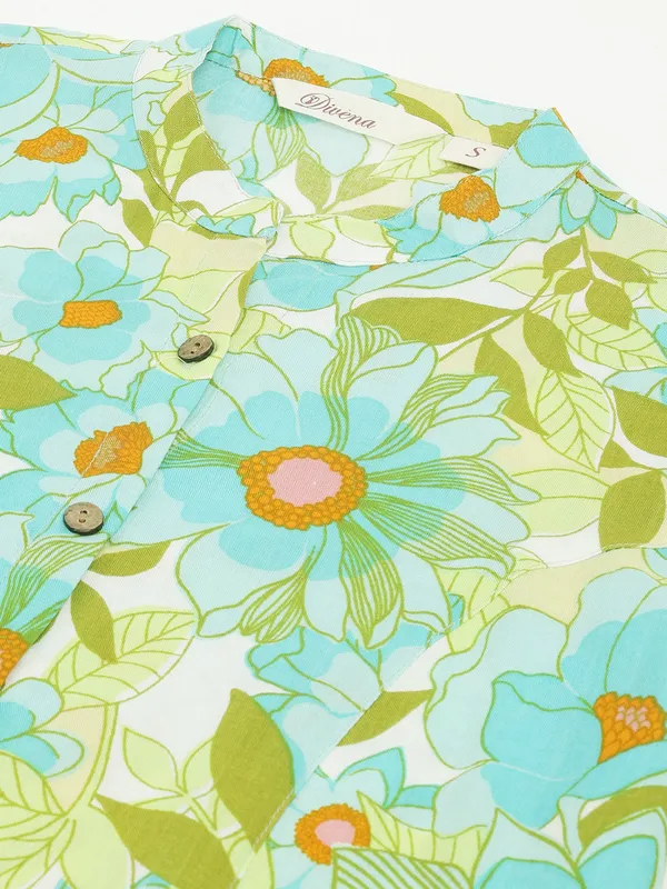 Green_Floral_Printed_Rayon_Shirt_Style_Top_For_Women
