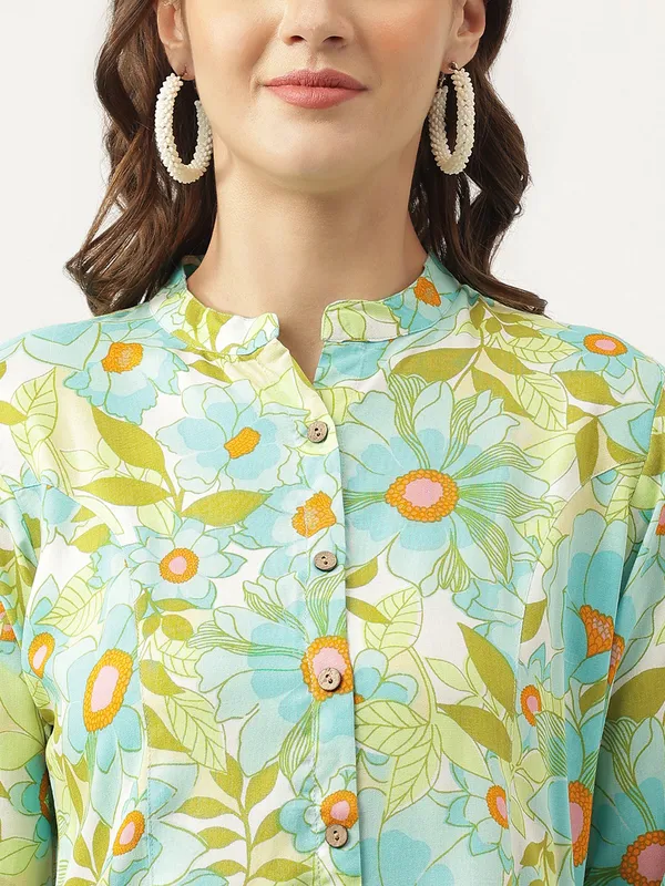 Green_Floral_Printed_Rayon_Shirt_Style_Top_For_Women