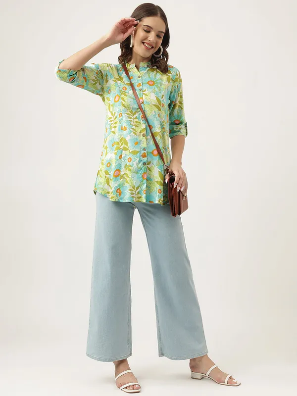 Green_Floral_Printed_Rayon_Shirt_Style_Top_For_Women