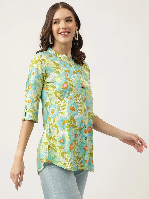 Green_Floral_Printed_Rayon_Shirt_Style_Top_For_Women