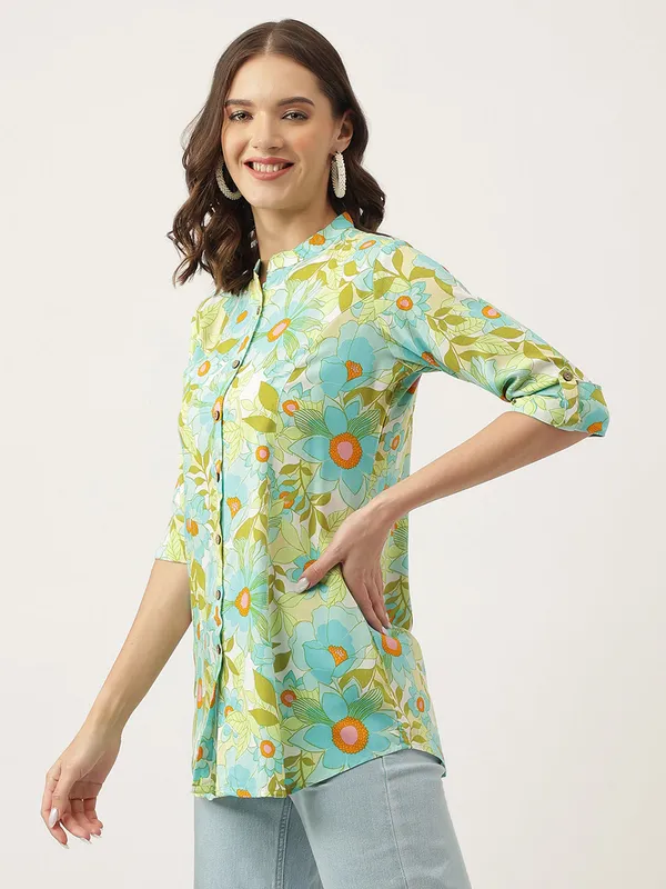 Green_Floral_Printed_Rayon_Shirt_Style_Top_For_Women