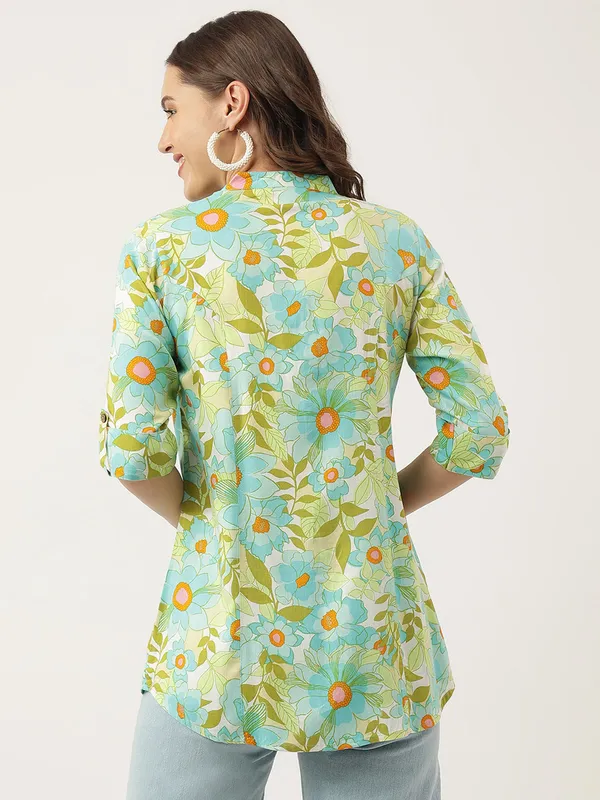 Green_Floral_Printed_Rayon_Shirt_Style_Top_For_Women