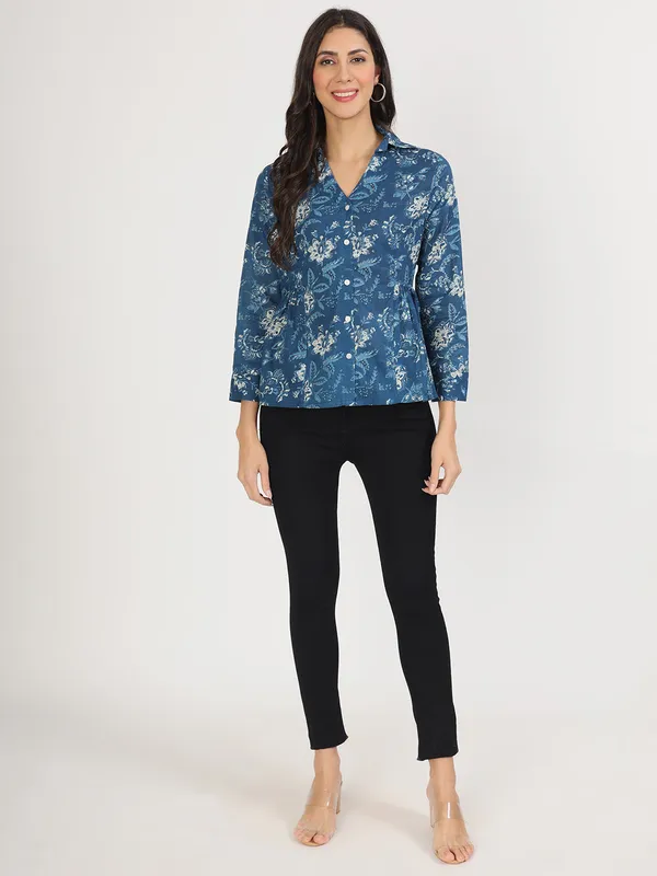 Indigo_Blue_Cotton_Shirt_Style_Top_For_Women