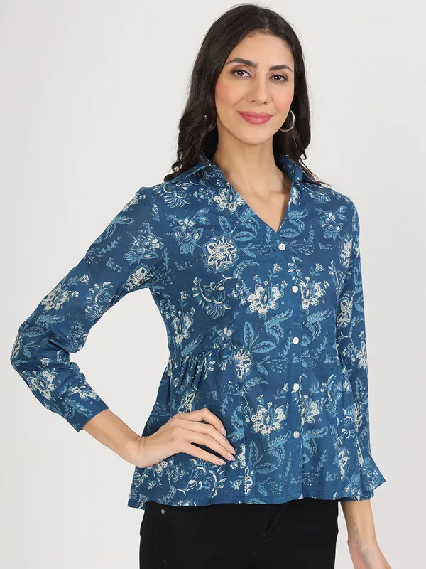 Indigo_Blue_Cotton_Shirt_Style_Top_For_Women