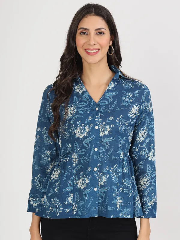 Indigo_Blue_Cotton_Shirt_Style_Top_For_Women