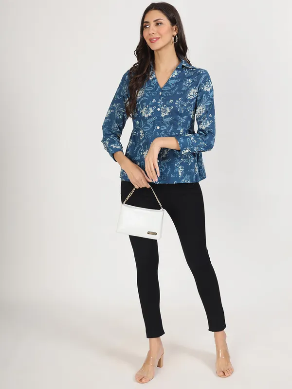 Indigo_Blue_Cotton_Shirt_Style_Top_For_Women
