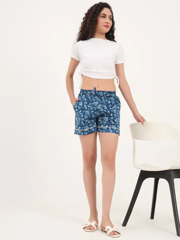 Light_Blue_Floral_Print_Cotton_Shorts_For_Women