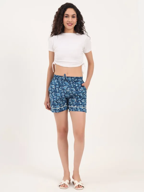 Light_Blue_Floral_Print_Cotton_Shorts_For_Women