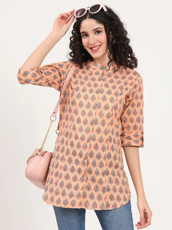 Light_Orange_Floral_Printed_Cotton_Top_For_Women