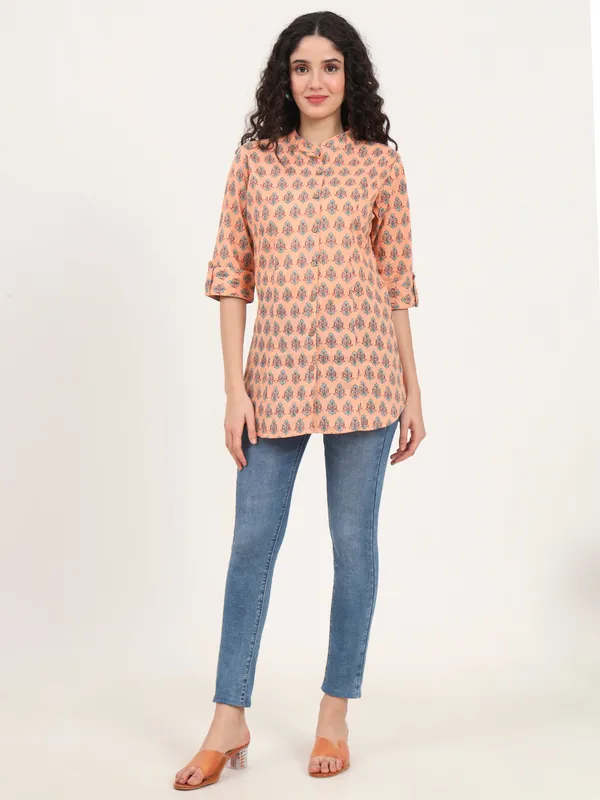 Light_Orange_Floral_Printed_Cotton_Top_For_Women