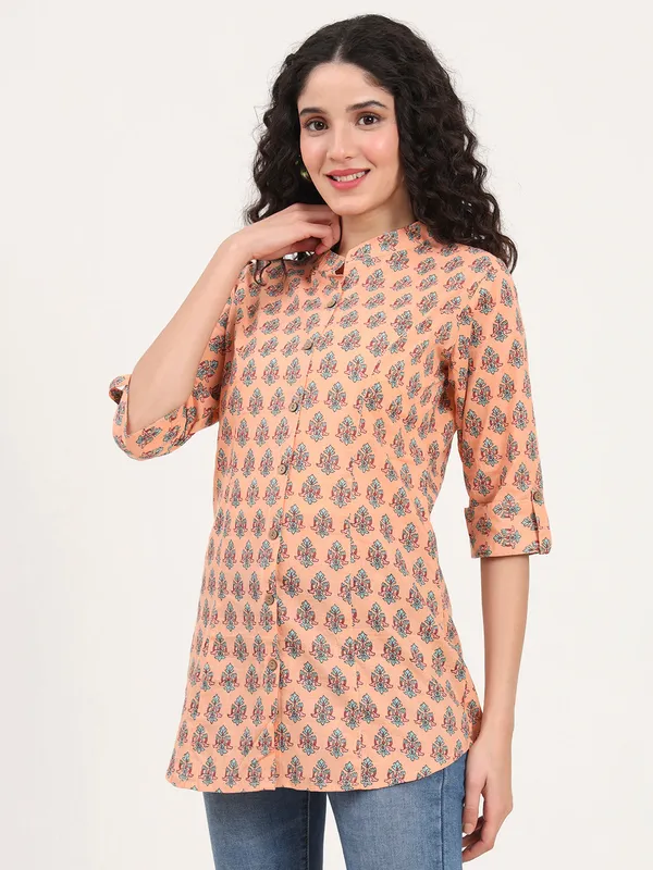 Light_Orange_Floral_Printed_Cotton_Top_For_Women