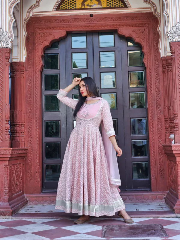 Light_Pink_Cotton_Anarkali_Kurta_Pant_Set_With_Net_Dupatta_For_Women