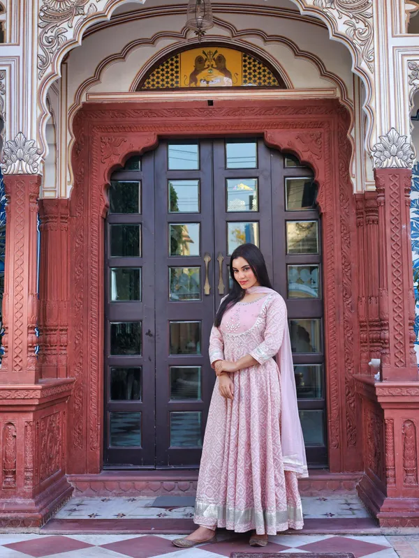 Light_Pink_Cotton_Anarkali_Kurta_Pant_Set_With_Net_Dupatta_For_Women