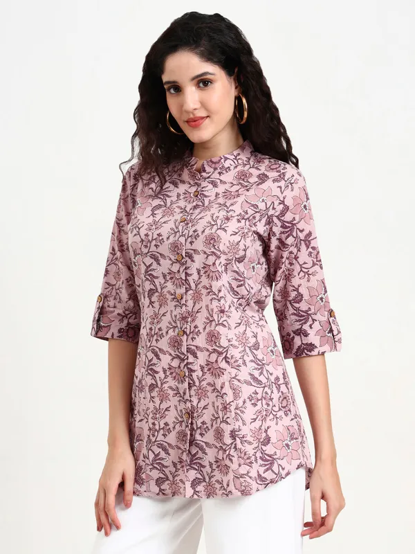 Light_Purple_Floral_Print_Cotton_Top_For_Women