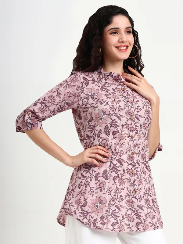 Light_Purple_Floral_Print_Cotton_Top_For_Women