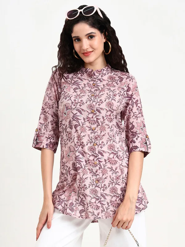 Light_Purple_Floral_Print_Cotton_Top_For_Women